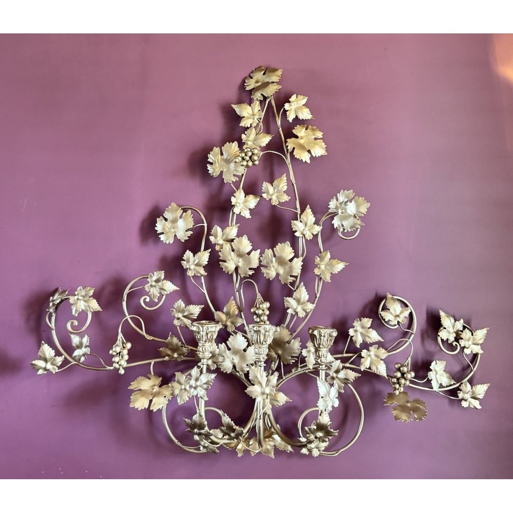 Vintage Italian Gilt Tole Florentine Grape Cluster Sconce Wall Candle 3 Holder
